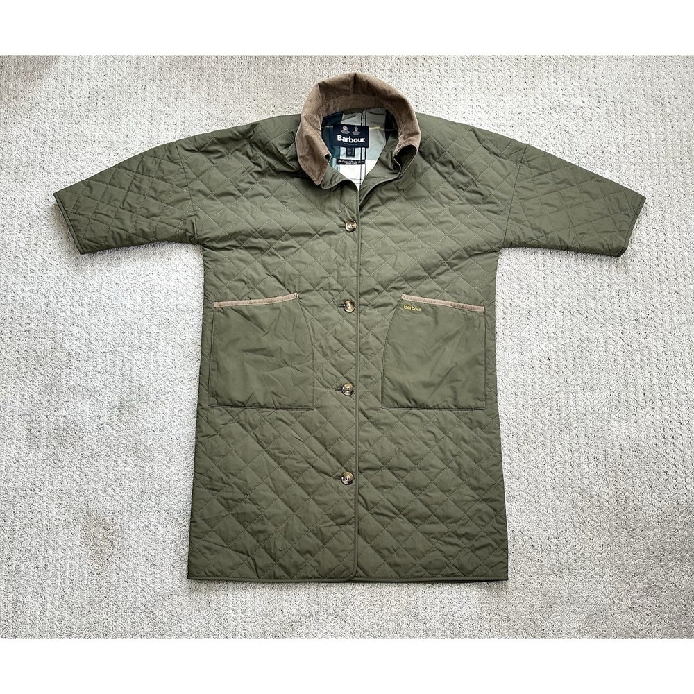 BARBOUR Lockton Corduroy-Trim Quilted Coat Women's 8 Olive Green Cropped Sleeve